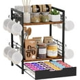 thumbnail image 1 of Coffee Bar Organizer Countertop, 2 Tier Mug Cup Holder Stand with 12 Hooks, 30 K Cup Coffee Pod Drawer with Mug Rack, Multifunctional Shelf Organizer for Accessories Station Kitchen (Brown), 1 of 9