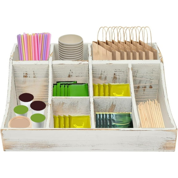 Coffee Bar Organizer for Countertop, Wooden Condiment Organizer Coffee Station Organizer Coffee Cup Syrup Pod Holder, Coffee Bar Organizer for Home Office Cafe, 9 Compartment, White