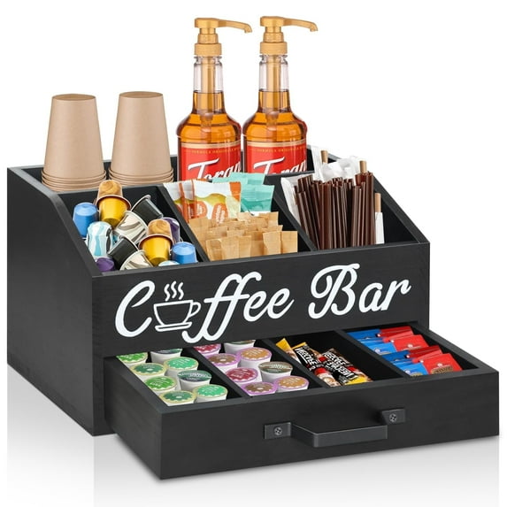 Coffee Bar Organizer with Drawer, Coffee Station Organizer for Countertop, Wood Coffee Bar Accessories Organizer for Coffee Bar Decor, Farmhouse Coffee Cup Pod Holder Condiment Organizer