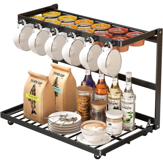 Coffee Bar Organizer with K Cup Holder, 2-Tier Metal Countertop Station for Pods, Syrups, Mugs, Coffee Condiments & Accessories,No-Assembly Required, Black