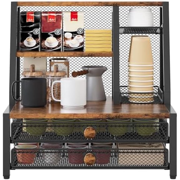 Coffee Bar Organizer, Maximize Small Countertop Space, 70 Standard Capsules Capacity with Sliding Pods Drawer, 4-Tier Coffee Station Organizer for Home Kitchen Office Commercial