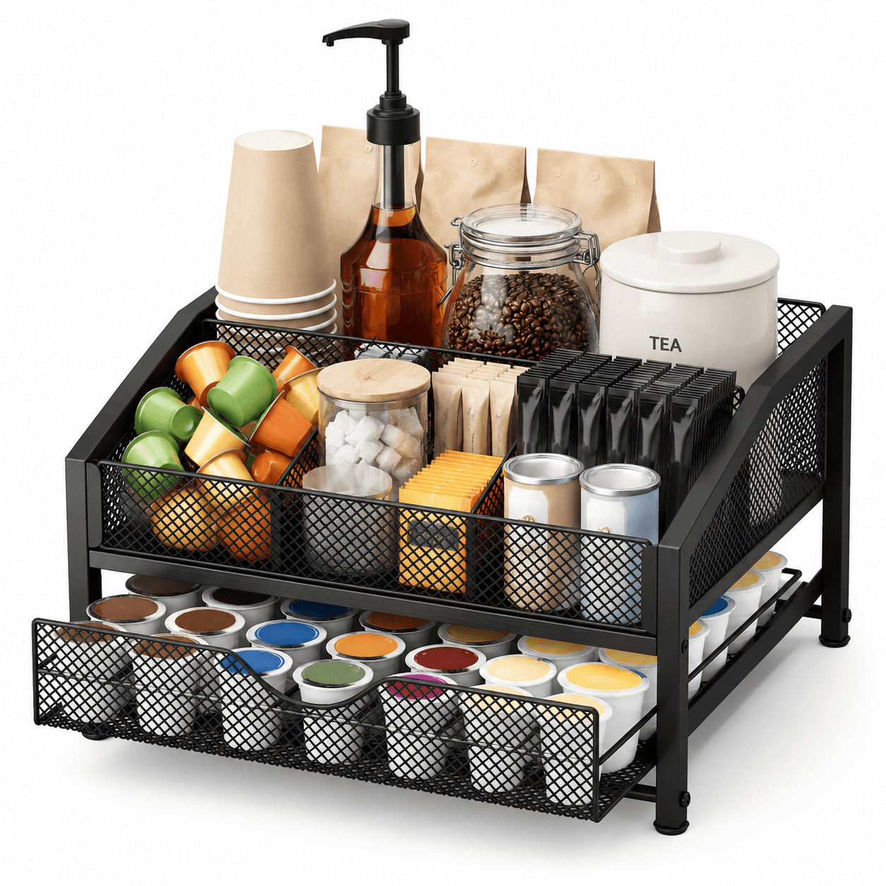 Coffee Bar Organizer - Station For Countertop Metal And Wood K Cup ...