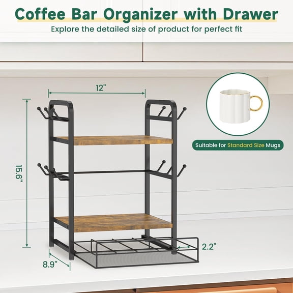 Coffee Bar Organizer Station Shelf Mug Holder for Countertop, 3 Tier Coffee Cup Stand Rack with 12 Hooks for Home Office, K Cup Pod Organizer Drawer, Keeps Essentials Tidy & Accessible