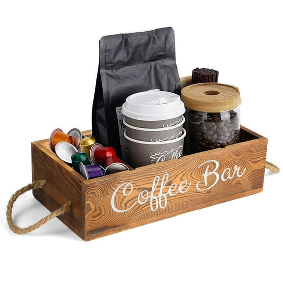 Coffee Bar Organizer, Wood Coffee Station with 3 Removable Dividers, Countertop Storage Box for Coffee Pods Paper Cups Straws