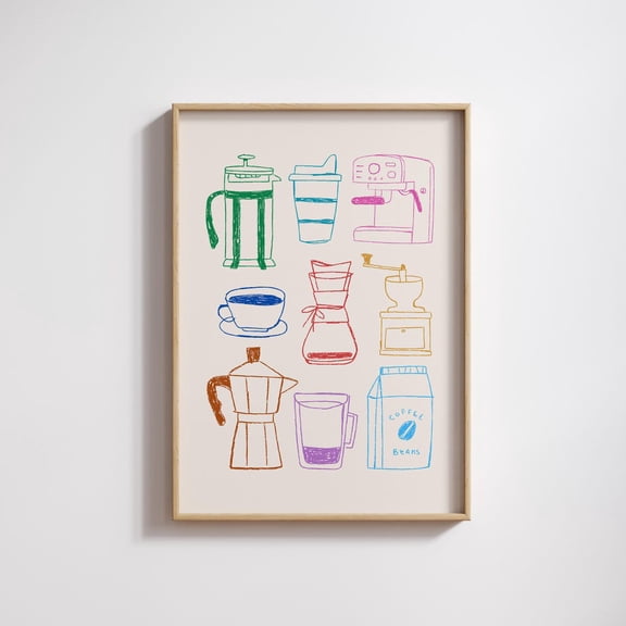 Coffee Bar Print, Hand Drawn Kitchen Poster Coffee Lover , Trendy Kitchen Wall Art Printable Coffee Poster, Coffee Station Decor #54, Unframed Poster Size 16x24