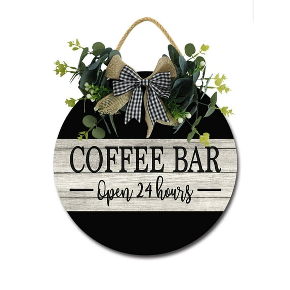 Coffee Bar Sign Front Door Porch Decorations, Round Rustic Wood Hanging Sign for Farmhouse Porch Outdoor Home Holiday Front Door Sign Decor