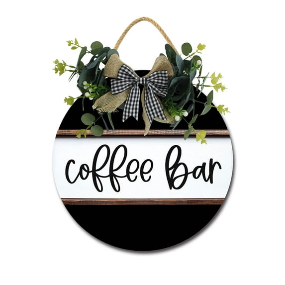 Coffee Bar Sign Front Door Porch Decorations, Round Rustic Wood Hanging Sign for Farmhouse Porch Outdoor Home Holiday Front Door Sign Decor