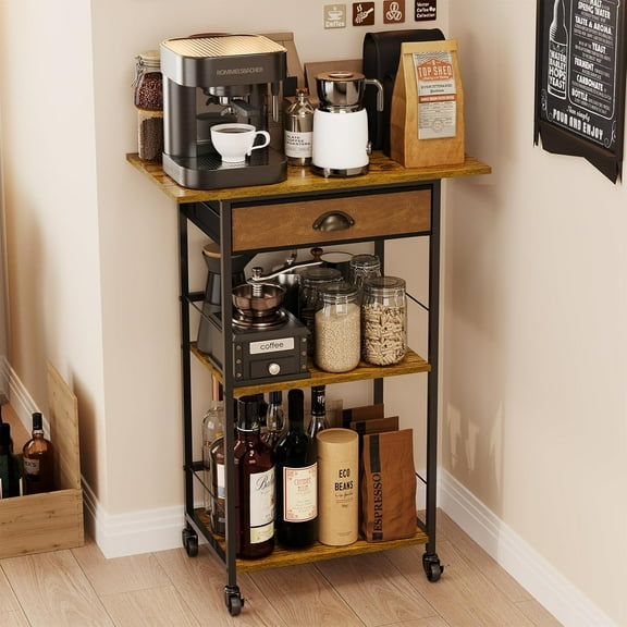 Coffee Bar Stand Station Cart with Storage Drawer -3 Tier, Extended Worktop Coffee Table, Farmhouse Corner Bar Cabinet for Small Spaces, Barkers Rack & Home Bar for Entryway, Living Room
