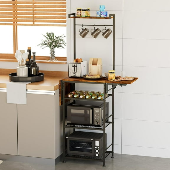 Coffee Bar Station, 5-Tier Corner Coffee Stand Station with 2 Foldable Shelves & Storage, Bakers Rack for Small Space, for Kitchen, Entryway, Living Room, with 3 S-Shaped Hooks, Rustic Brown