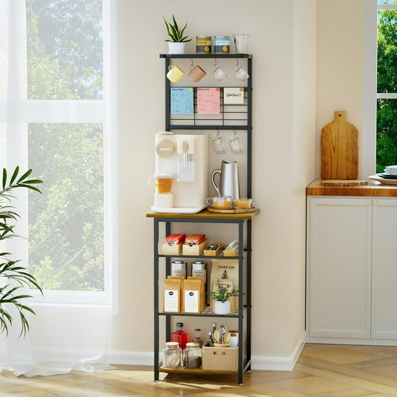 Coffee Bar Station with 5 Tiers - Small Coffe Bar Kitchen Shelf with 4 S-Shaped Hooks - Corner Storage Baker's Rack for Small Spaces, Entryways, and Living Rooms