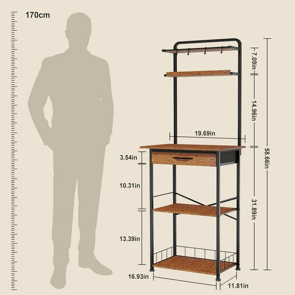 Coffee  Station - Bakers Rack with Fabric Drawer, Microwave Oven Storage Stand, Bakers Rack for Coffee Stand Station, Home Kitchen Organizer, Brown