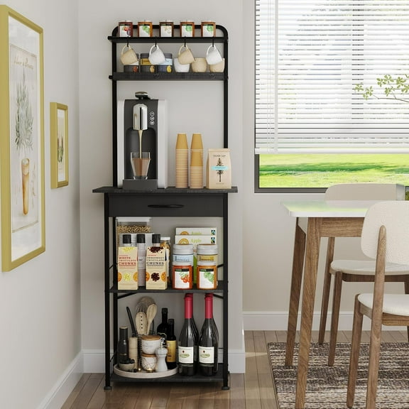 Coffee Bar Station - Bakers Rack with Fabric Drawer, Microwave Oven Storage Stand, Bakers Rack for Coffee Stand Station, Home Kitchen Organizer, Brown