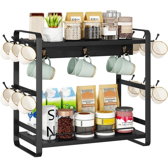 Coffee Bar Station Countertop Organizer,2 Tier Kitchen Mug Cup Holder Stand,Wooden Coffee Mug Organizer with 18 Hooks,Multifunctional Mug Tree for Home Kitchen, Office,Black UTBJ006B