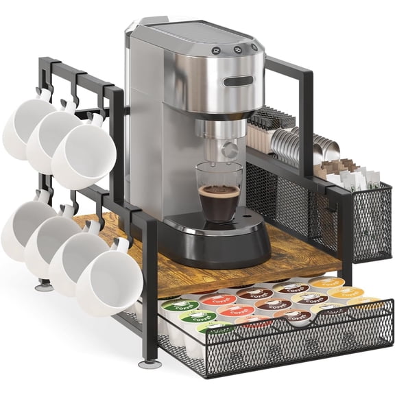 Coffee Bar Station Organizer with K Cup Drawer, Pod Holder Storage Rack with 7 Mug Hooks for Countertop, Wooden Coffee Machine Maker Stand for Home Office, Space-Saving for Coffee Lovers