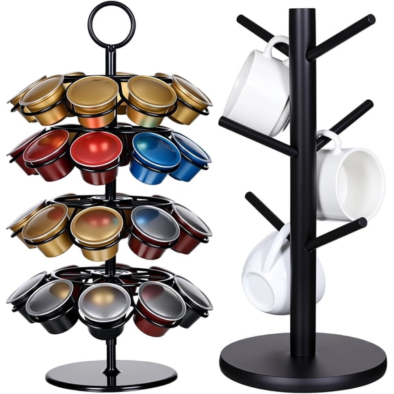 Coffee Bar Station Organizer Set Mug Holder Tree Stand with 6 Hooks and 4 Tier Coffee Capsule Pods Carousel Holder with 36 Grooves Countertop Organizer for Counter Kitchen Office