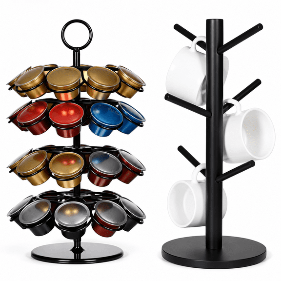 Coffee Bar Station Organizer Set Mug Holder Tree Stand with 6 Hooks and 4 Tier Coffee Capsule Pods Carousel Holder with 36 Grooves Countertop Organizer for Counter Kitchen Office