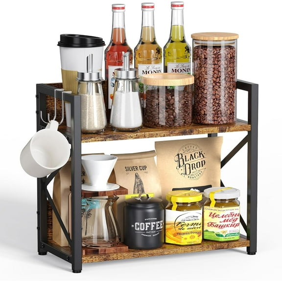 Coffee-Bar-Station-Organizer Shelf for Countertop, 2 Tiers Kitchen Counter Shelf Riser, Wooden Spice Rack Organizer, Coffee Bar Accessories(Rustic Brown, Large)