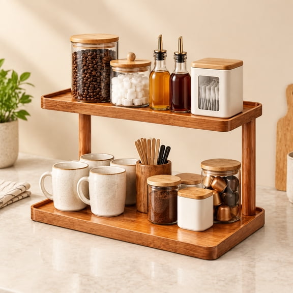 2-Tier Wooden Coffee Bar Shelf, 15.75in Rustic Countertop Organizer, Space Saving