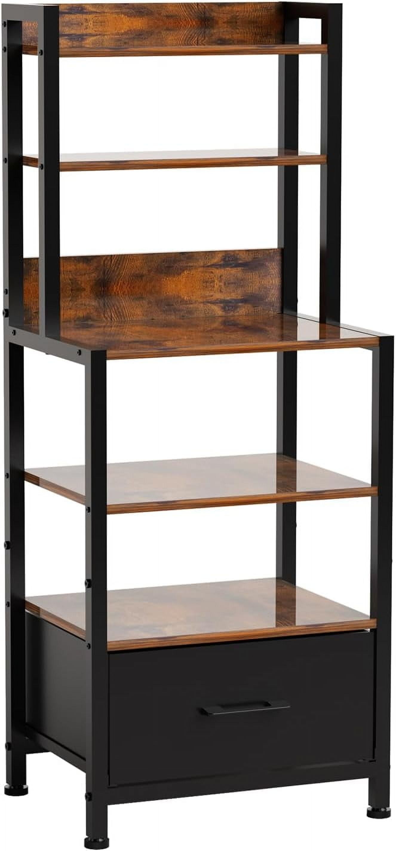 5-Tier Corner Coffee Bar Cabinet With Fabric Drawers - Rustic Brown Pine Wood Bakers Rack