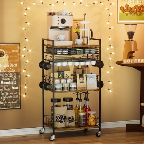 Coffee Bar Station with Storage Drawer - 5 Tier Coffee Table Countertop Organizer for K Cups, Tea Bags, Sugar Storage and Kitchen Cabinets (Brown)