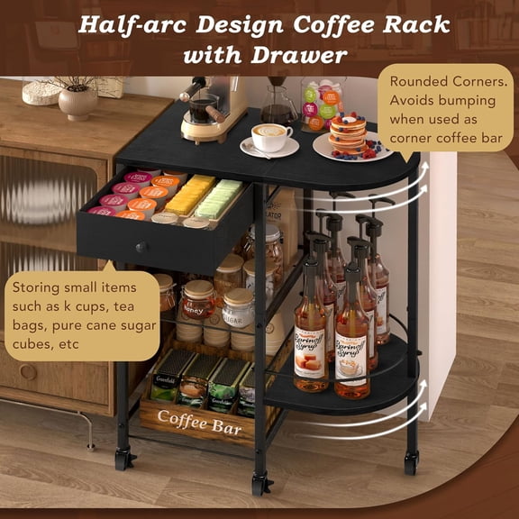 Coffee Bar Station with Wheels and Storage Drawer,15.35'' Deeper Large Coffee Bar Table Stand for Kitchen Office Living Room,Black