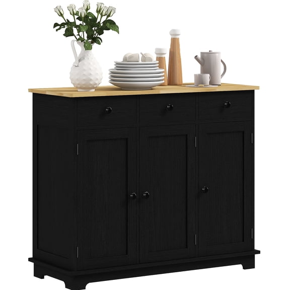 Coffee Bar Storage Cabinet with 3 Drawers and 2-Level Storage for Plates and Pots