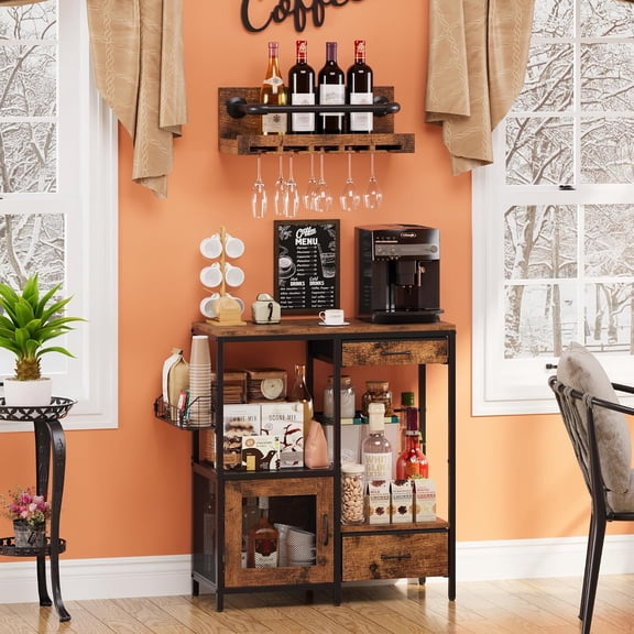 Coffee Bar Table Station, Small Coffee Cabinet with 2 Drawers & 1 Door, Kitchen Coffee Stand with Practical Storage, Buffet Sideboard Cabinet with Adjustable Feet for Home, Office, Corner, Bar, Brown