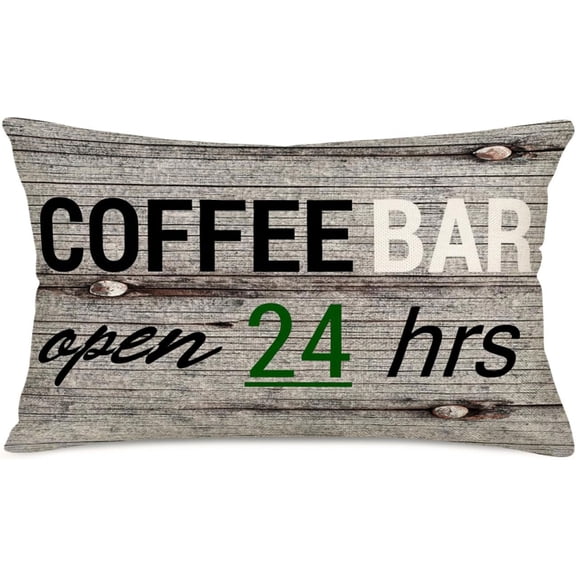 Coffee Bar Throw Lumbar Pillow Cover 12x20 Inch Rustic Wood Grain Coffee Bar Open 24 Hrs Hours Saying Quote Pillows Decor Vintage Cushion Case for Home Cafe Coffee Shop Bar Counter