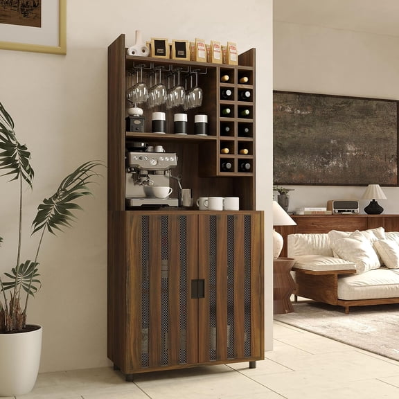 Coffee Bar Wine Cabinet with 12 Wine Bottle Racks, Kitchen Hutch Storage Cabinet, Farmhouse Kitchen Sideboard, Buffet Storage Table for Living, Dinning Room, Hallway, Rustic Brown