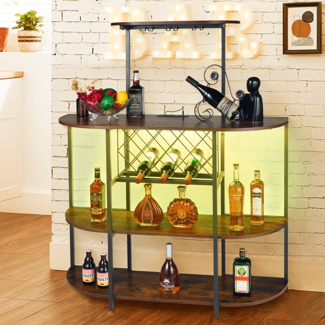Coffee Bar Wine with LED Lights and Power Outlets, Kitchen Rack