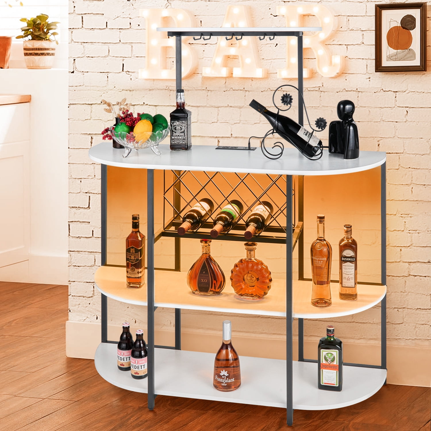 Coffee Bar Wine with LED Lights and Power Outlets, Kitchen Rack