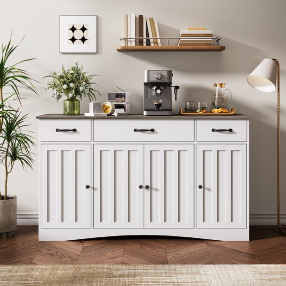 Coffee Bar with 3 Drawers and 4 Doors, Asofer Sideboard Buffet Cabinet, Modern Kitchen Wood Buffet Table for Dining Room,Retro/Gray