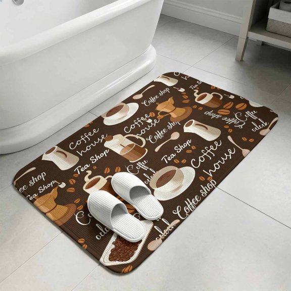 Coffee Bathroom Rugs Non Slip Washable Bath Mat Absorbent Low Pile Front Door Mat Brown Retro Coffee Theme Beans Latte Tea Cup Indoor Doormat for Kitchen Entryway Shower Decor Accessories 15.7"x23.6"