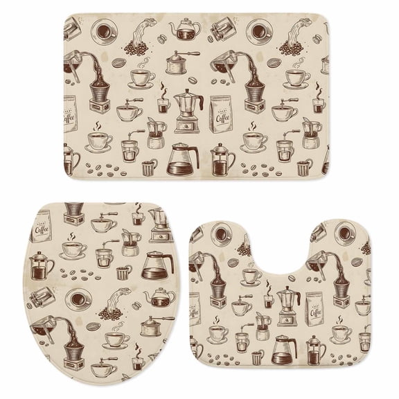 Coffee Bathroom Rugs Set Vintage Coffee Beans Brewing Equipment Linen Texture Non Slip Absorbent Soft Bath Mats 3 Piece Set with Bathroom Rug, U-Shaped Floor Mat, Toilet Seat Cover Small Size