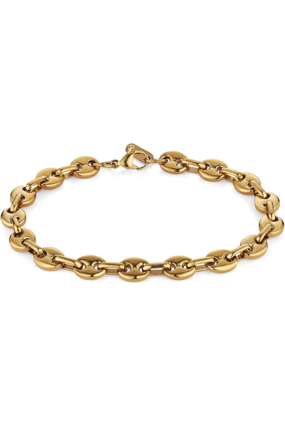 Coffee Bean Bracelet for Men, 7mm Wide 8.5 Inch Stainless Steel Link Chain, Gift for Men, Gold, Silver, Two-Tone