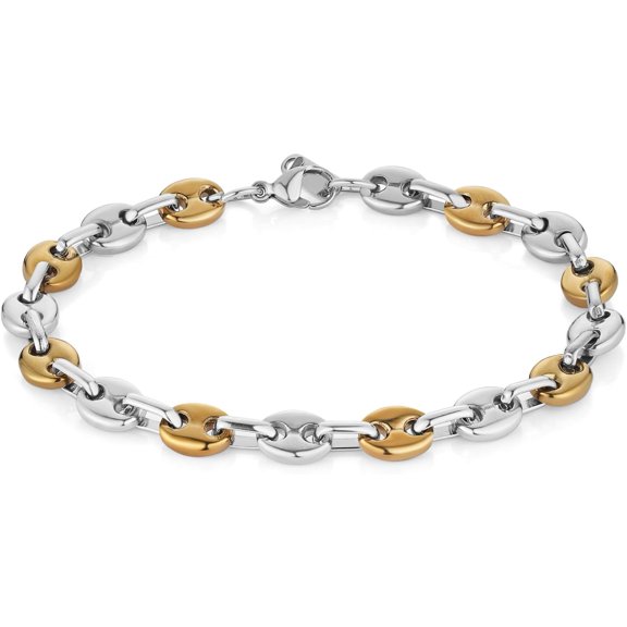 Coffee Bean Bracelet for Men, 7mm Wide 8.5 Inch Stainless Steel Link Chain, Gift for Men, Gold, Silver, Two-Tone