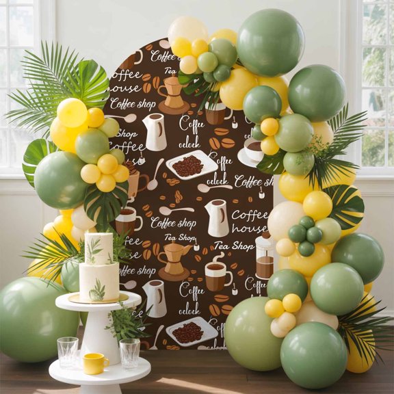 Coffee Bean Cafe Cup Seamless Arch Backdrop Cover Spandex Fitted Arch Cover 6.6FT,Arches Backdrop Stand Covers for Wedding Birthday Party Ceremony Banquet Decoration Retro Brown Graffiti Style