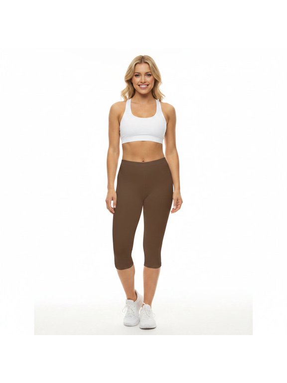 Coffee Bean Color Women's Brushed Suede Poly Span Casual Capri Leggings XS-2XL