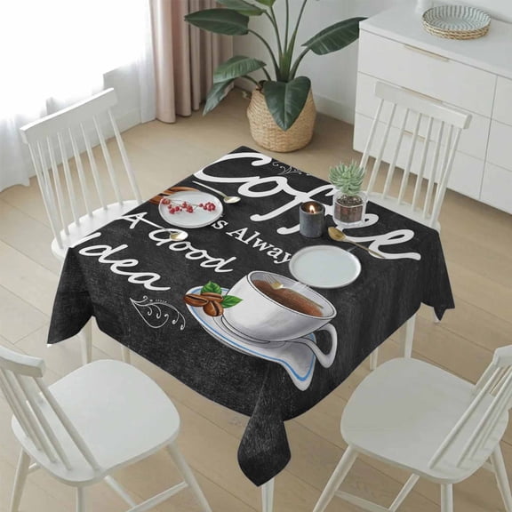 Coffee Bean Cup Cafe Drink on Black Table Cloth 54x54in, Waterproof Square Tablecloth Wipeable Tablecloths Coffees Good Idea Quote Table Covers for Dining Tables Party Indoor Outdoor