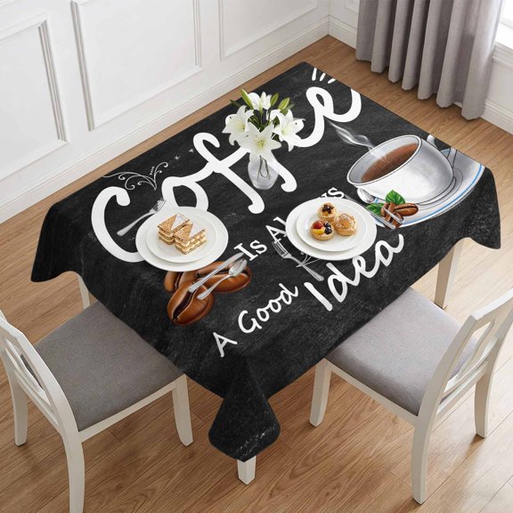 Coffee Bean Cup Cafe Drink on Black Table Cloth 60x84in, Waterproof Rectangle Tablecloth Wipeable Tablecloths Coffees Good Idea Quote Table Covers for Dining Tables Party Indoor Outdoor