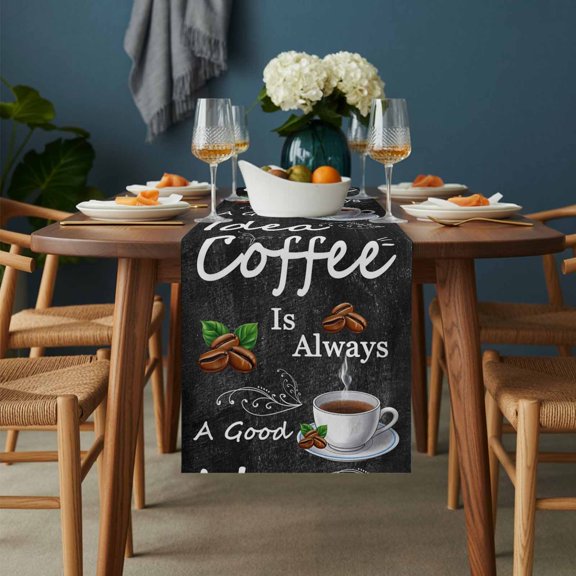 Coffee Bean Cup Cafe Drink on Black Table Runner-36 Inch Long Coffees Good Idea Quote Table Runners Linen Burlap Tablerunner for Kitchen Dining Room Holiday Party