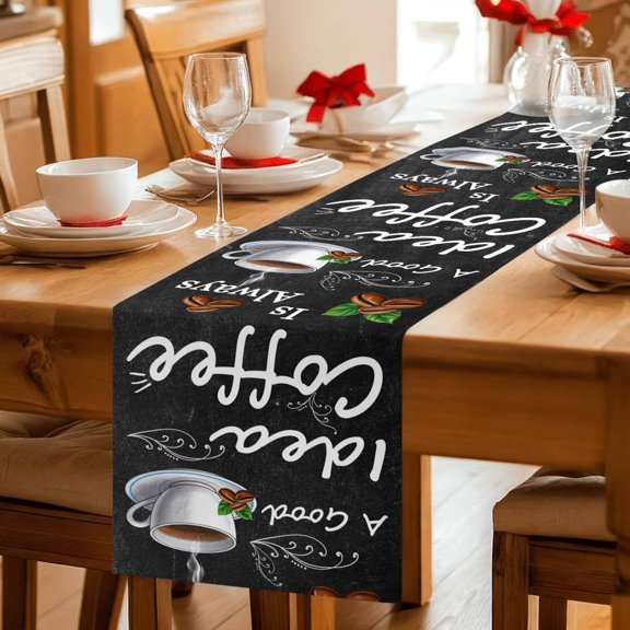 Coffee Bean Cup Cafe Drink on Black Table Runner 36 Inches Long,Kitchen Dining Tablerunners Coffees Good Idea Quote Linen Table Runners Dresser Scarves for Home Dinner Wedding Holiday Party Decor
