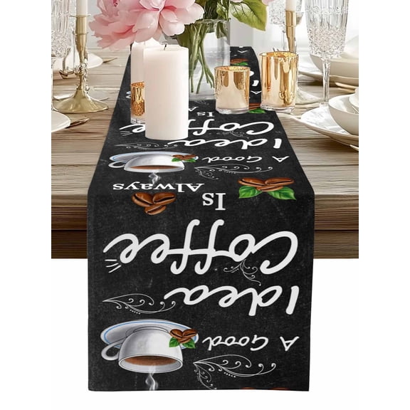 Coffee Bean Cup Cafe Drink on Black Table Runner-60 Inch Long Coffees Good Idea Quote Table Runners Linen Burlap Tablerunner for Kitchen Dining Room Holiday Party