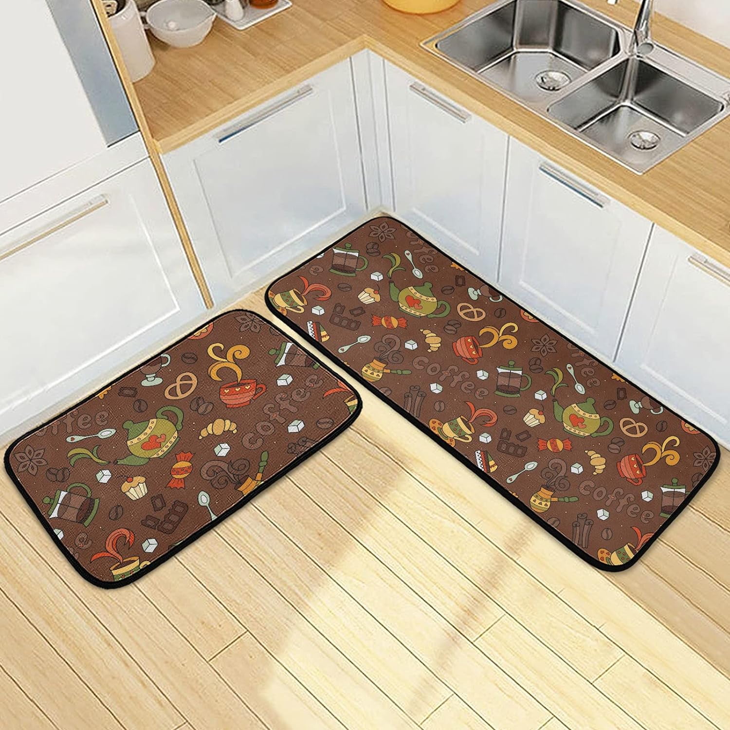 Coffee Bean Cup Kitchen Rugs 2 PCS, Brown Cartoon Floor Runner Area Rug ...