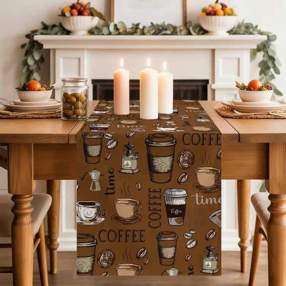 Coffee Bean Cup Vintage Brown Linen Table Runner 70 Inches Long,Kitchen Dining Tablerunners Cafe Graffiti Abstract Art Linen Table Runners Dresser Scarves for Home Dinner Wedding Holiday Party Decor