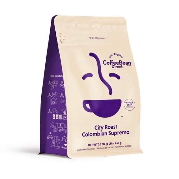 Coffee Bean Direct City Roast Colombian Supremo, Whole Bean Coffee, Arabica, Medium Roast, 1 lb Bag