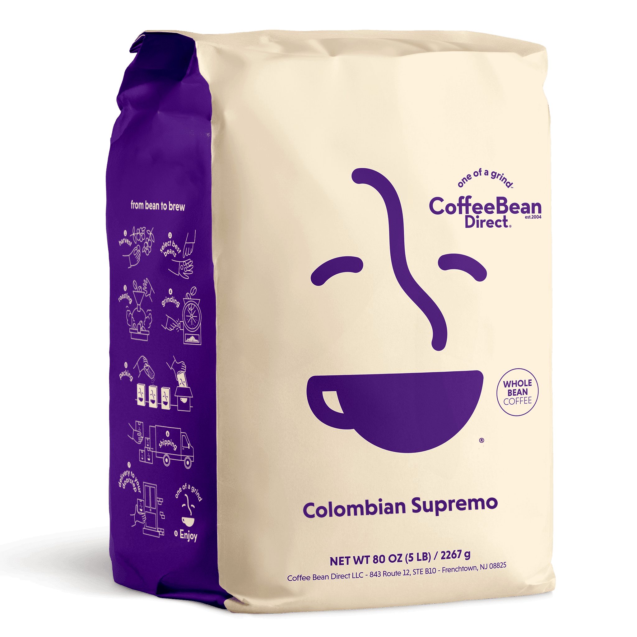 Coffee Bean Direct Colombian Supremo, Whole Bean Coffee, Arabica, Light Roast, 5 lb Bag