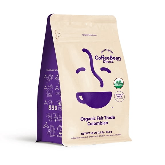 Coffee Bean Direct Organic Fair Trade Colombian, Whole Bean Coffee, Arabica, Light Roast, 1 lb Bag