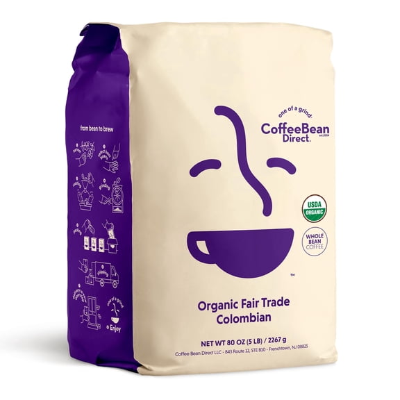 Coffee Bean Direct Organic Fair Trade Colombian, Whole Bean Coffee, Arabica, Light Roast, 5 lb Bag