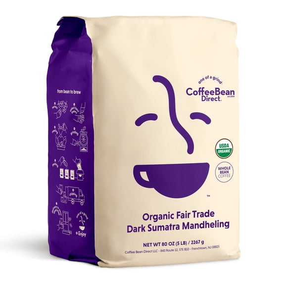 Coffee Bean Direct Organic Fair Trade Dark Sumatra Mandheling, Whole Bean Coffee, Arabica, Dark Roast, 5 lb Bag